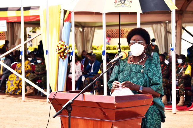Rt Hon Rebecca Alitwala Kadaga the first deputy Prime Minister and minister of EAC affairs addressing the congregation during the FTX closing ceremony at Gaddafi barracks in Jinja