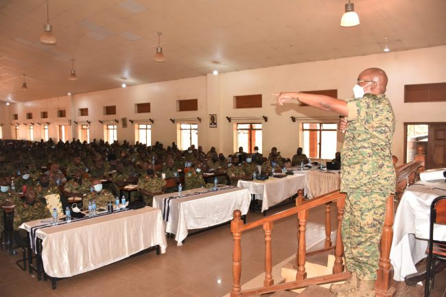 Maj Gen Leopold Kyanda Officiating at the closure of a 3-day Retreat of CPCs, PIOs, CIMIC and IOs at Oliver Reginald Tambo in Kaweweta 13 July 2022