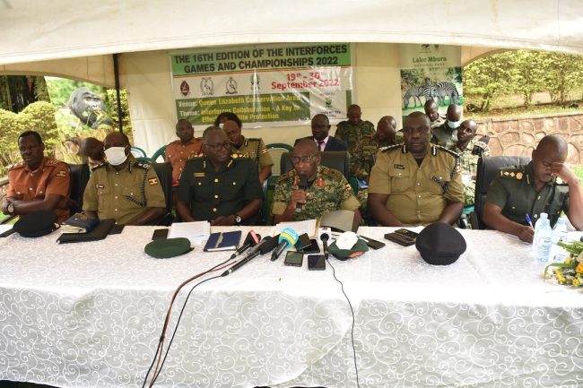 Executive Director Uganda Wildlife Authority (UWA) Mr. Sam Mwandha making his remarks at the launch of interforces games on 7th September 2022 at UWA headquaters in Kamwokya