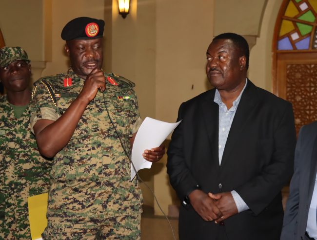 Col Sam Ntambirwe speaking during the donation