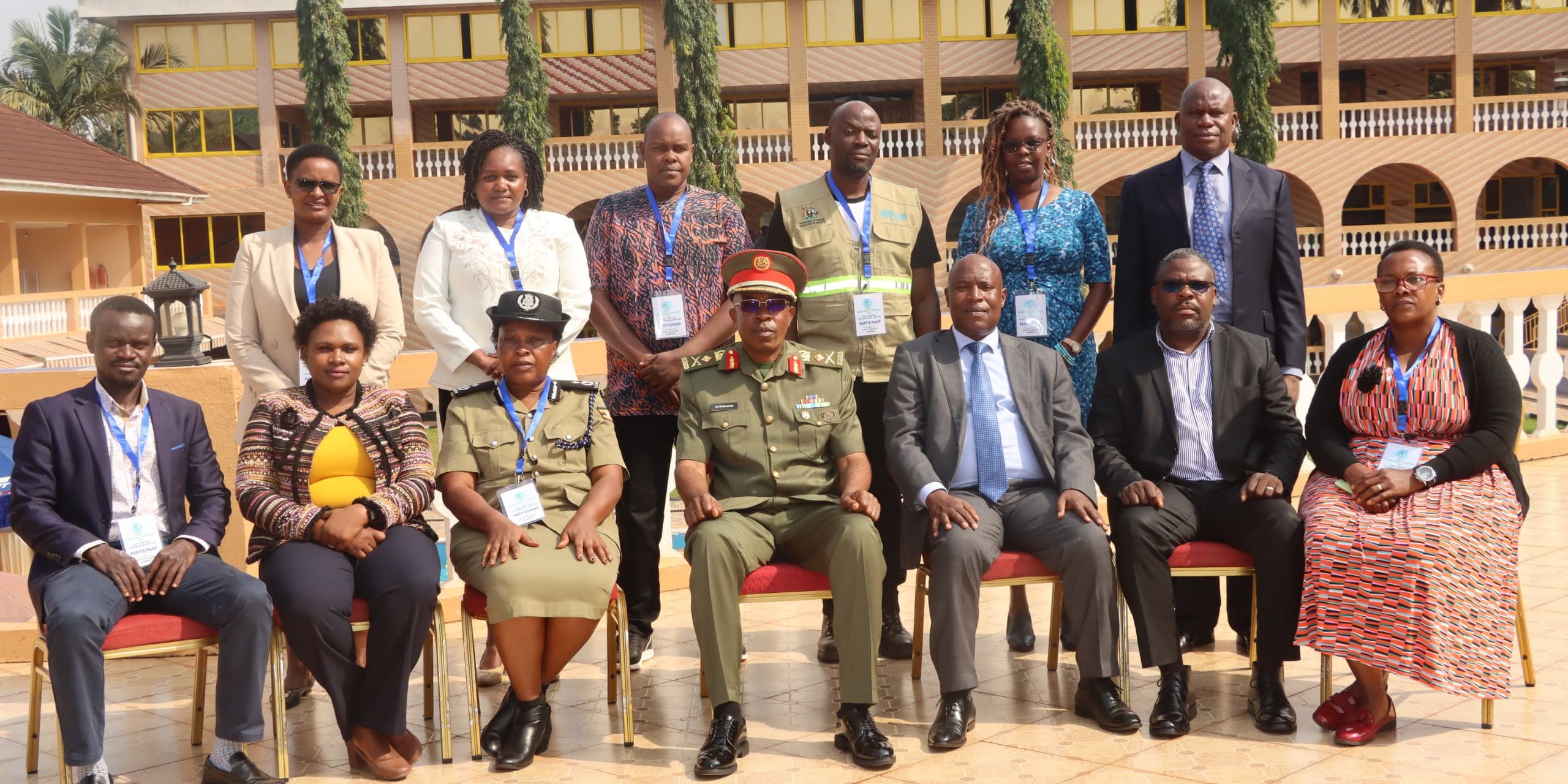 Brig Gen Ric hard Karemire (C) and Brig Gen Domitien Kabisa (3R) in a group photo with members of EASF Early Warning and Uganda Agencies related to Early Warning at Hotel Africana – Kampala Uganda