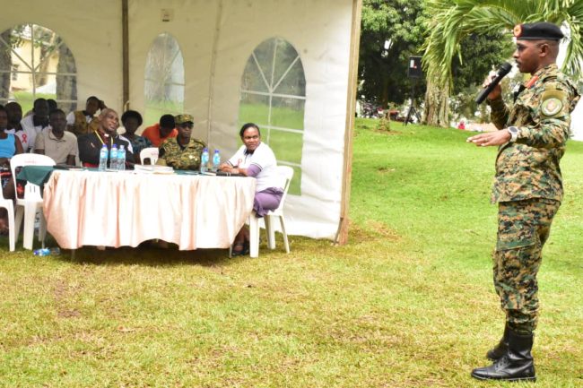 Col Deo Akiiki addressing audience during the accelerating intervention to end AIDS at MoDVA head quarters Mbuya on 29 Nov 2024