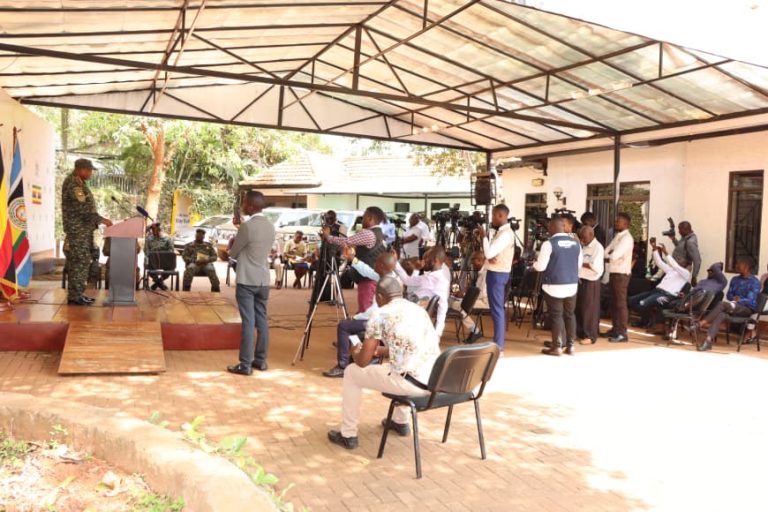 JS PC Maj Gen Henry Masiko addressing the media fratternity at Uganda Media Centre