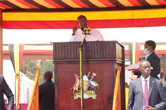 HE the president of Uganda and CIC addressing HE Maj Rtd Jessica Alupo, government officials, UPDF Generals, senior officers and Uganda citizens during the 40th NRM victory day anniversary at Kololo