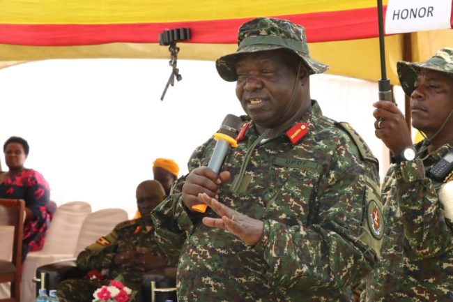 DCDF&IG Lt Gen Sam Okiding addressing graduands of Advanced Pyscho-Social Course and Joint Basic Cadre Development course at ORTSL-PACEX in Kaweweta..JPG