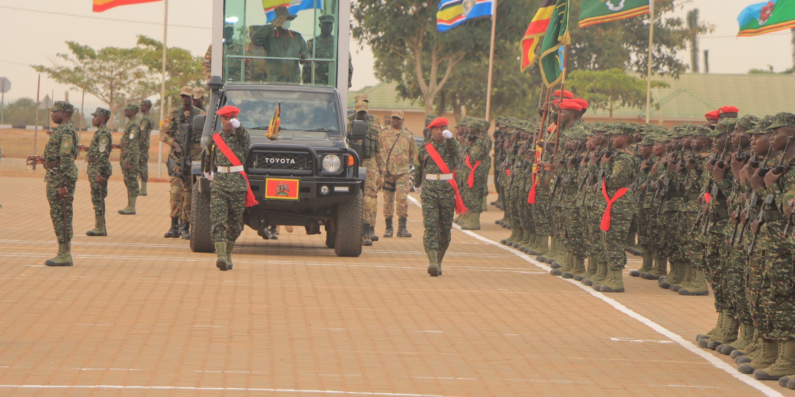 Commander In Chief Rtd Gen Yoweri Kaguta Museveni Inspecting the parade during the pass out of recruits intake 18l25-26 at Basic Military Training School kaweweta.JPG