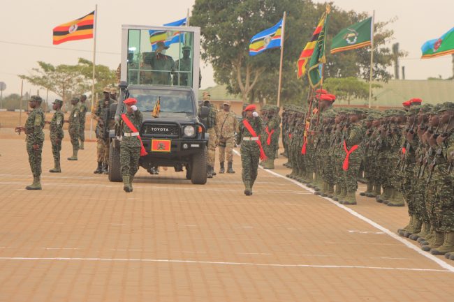 Commander In Chief Rtd Gen Yoweri Kaguta Museveni Inspecting the parade during the pass out of recruits intake 18l25-26 at Basic Military Training School kaweweta.JPG