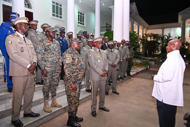 President Museveni talks to officers from the War College of Mali after giving them an opportunity lecture at State House Entebbe on Thursday. PPU Photo..jpg