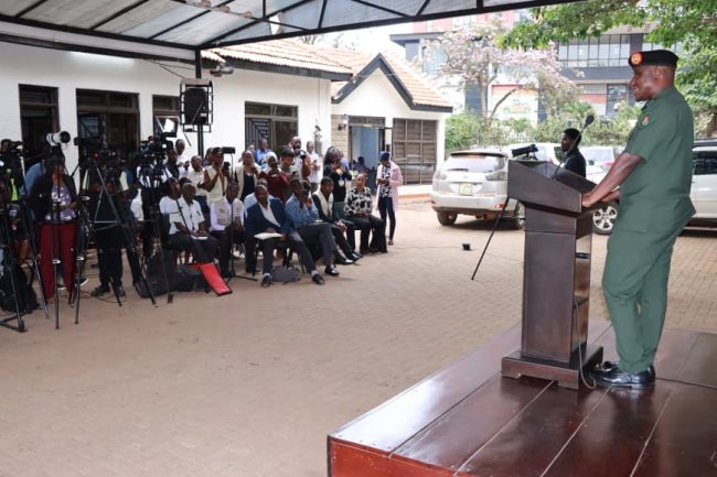 Col Henry Obbo speaking to the media at the launch of the 2nd Edition of CDF Inter-Forces Drill at Media Centre.JPG