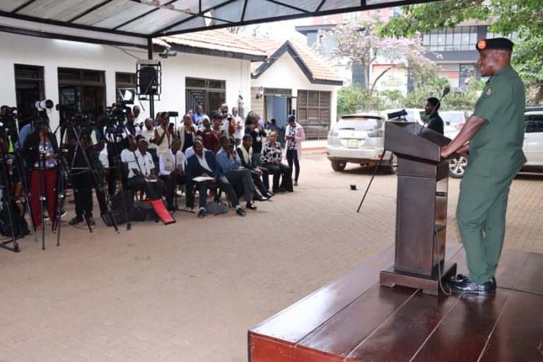 Col Henry Obbo speaking to the media at the launch of the 2nd Edition of CDF Inter-Forces Drill at Media Centre.JPG