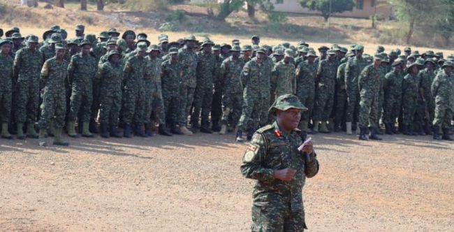 The 3DIV Comander Brig Gen.Micheal Walaka Hyeroba giving his speech during his first monday baraza at the 3DIV HQ Moroto.JPG
