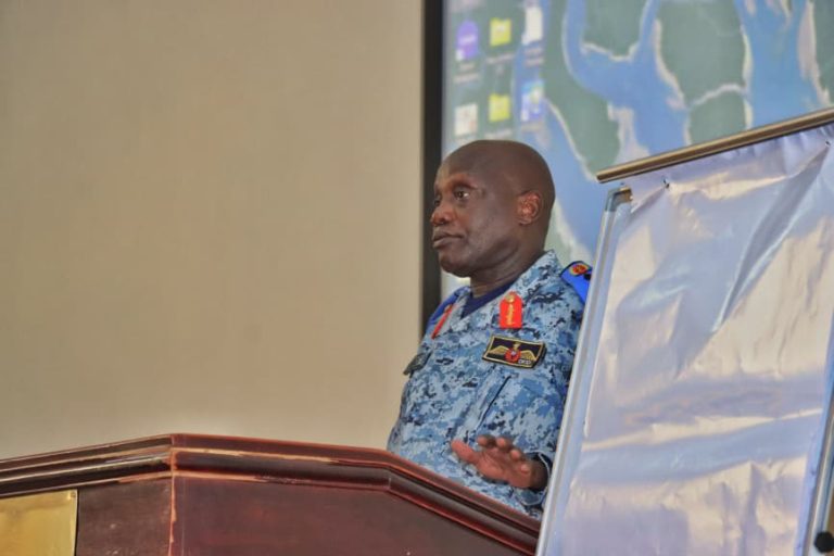 Lt.Gen Charles Okidi Commander Air Force delivering the lecture of Opportunity to Officer Cadets at UMA Kabamba